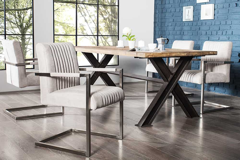 BIG ASTON Moderner Freischwinger Armlehnenstuhl stone grau Federkern Edelstahl