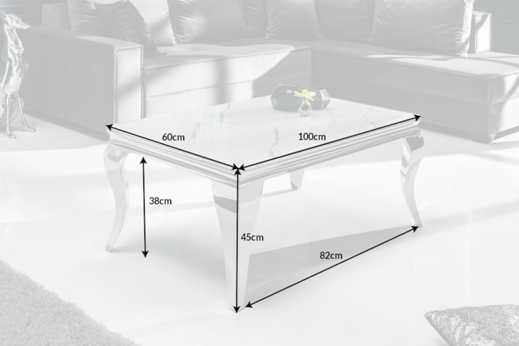 MODERN BAROCK Eleganter Couchtisch 100cm Glasplatte in Marmoroptik Edelstahlbeine