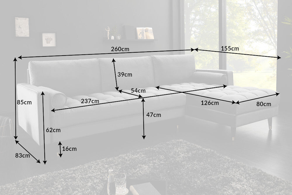 Elegantes Ecksofa COZY VELVET 260cm Samt Federkern 3-Sitzer