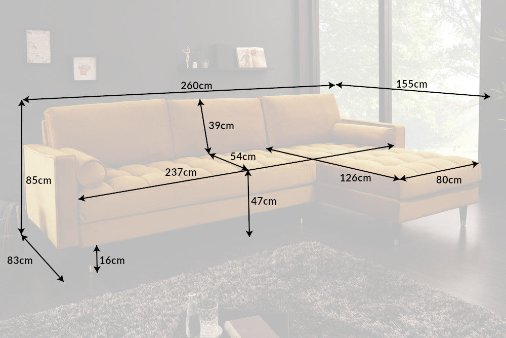 Elegantes Ecksofa COZY VELVET 260cm Samt Federkern 3-Sitzer