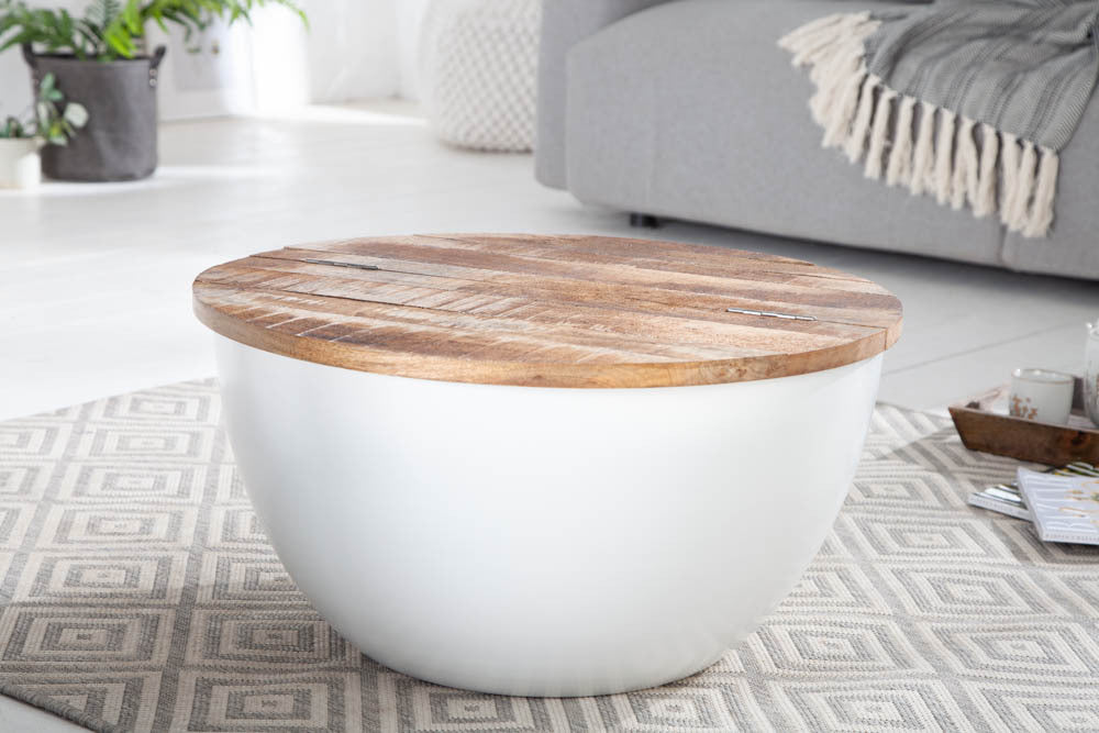INDUSTRIAL STORAGE Upcycling Design Couchtisch 70cm weiß Mangoholz handmade