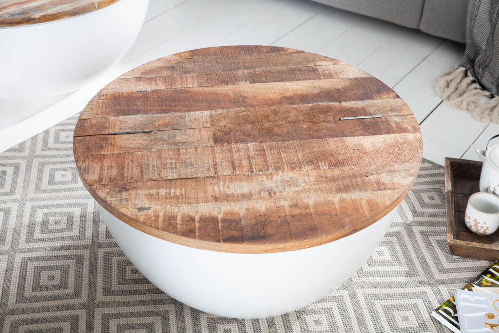INDUSTRIAL STORAGE Upcycling Design Couchtisch 70cm weiß Mangoholz handmade