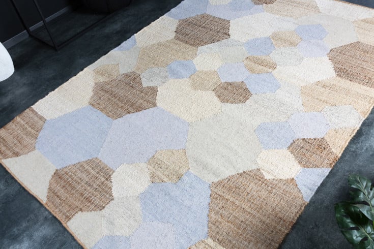 ORGANIC Handgewebter Teppich 230x160cm blau beige aus Hanf und Wolle geometrisches Muster