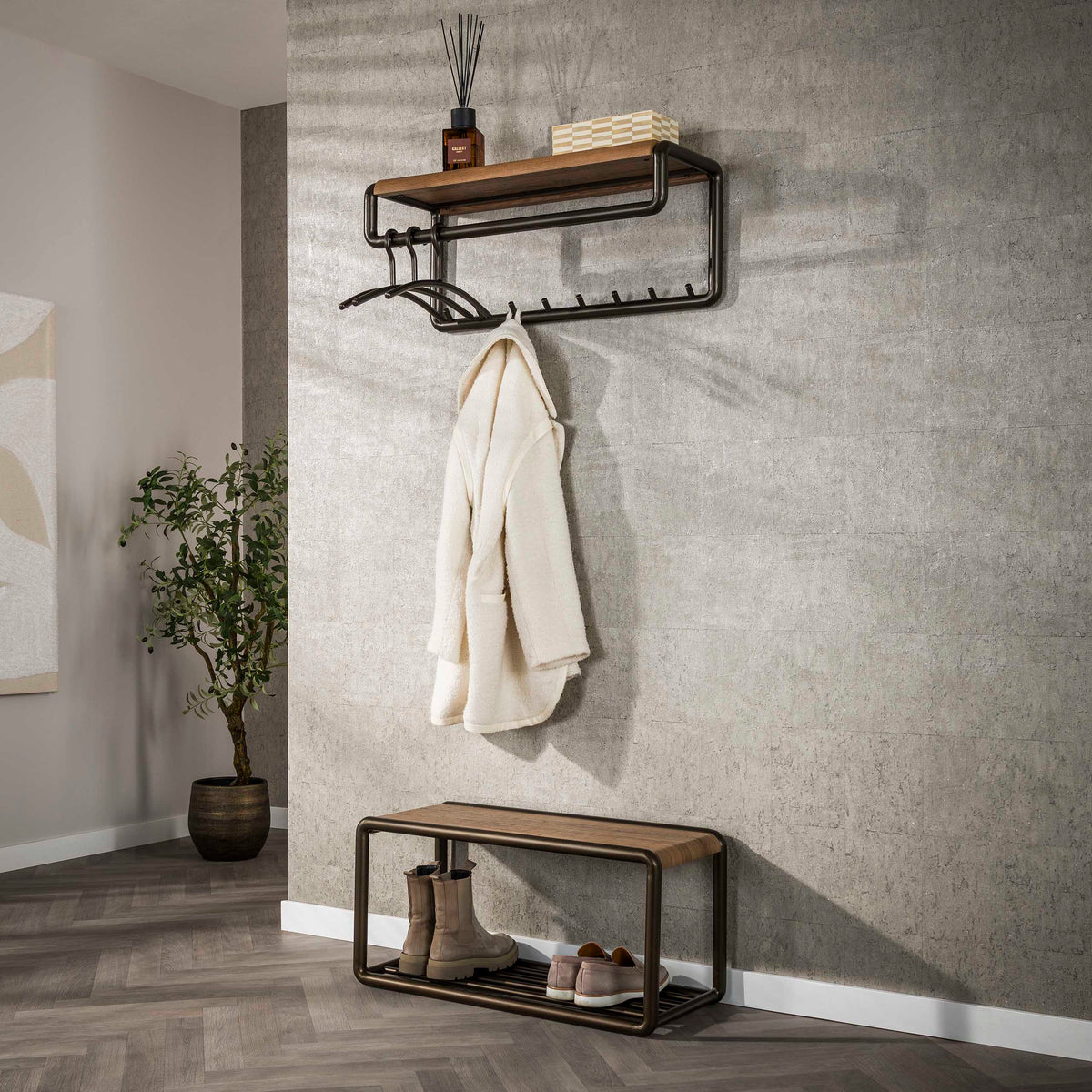 Garderobe Luno Kleiderstange und Hutablage 8 Haken / Drift brown