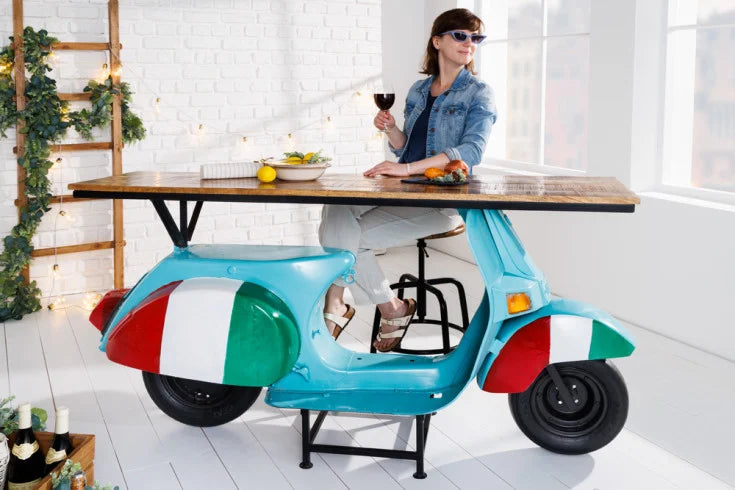 SCOOTER Extravagant bar counter 166cm turquoise Italia look with mango wood scooter upcycling