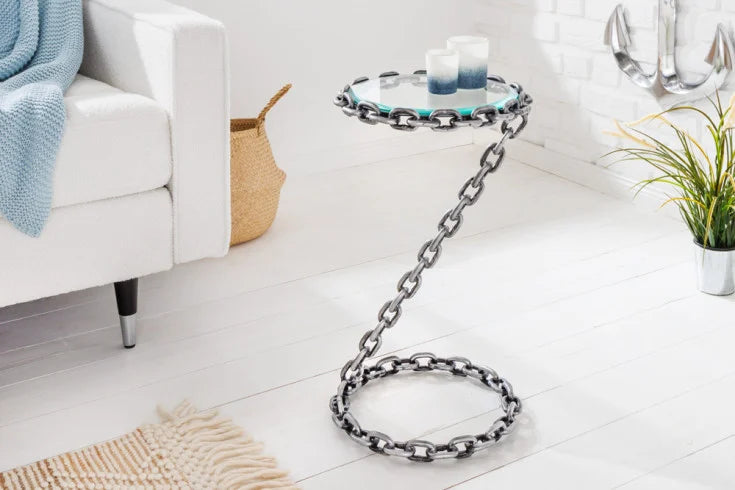 CHAINS Design Beistelltisch 35cm silber handmade Metall rund Glasplatte Kettengestell