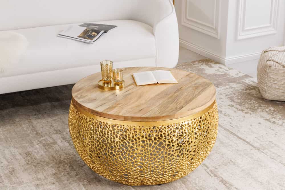 ABSTRACT LEAF Design Couchtisch 80cm gold Mangoholz massiv handmade Me – Sitheim