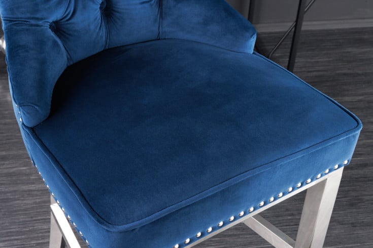 CASTLE DELUXE Design Barhocker Samt silber Edelstahl Chesterfield