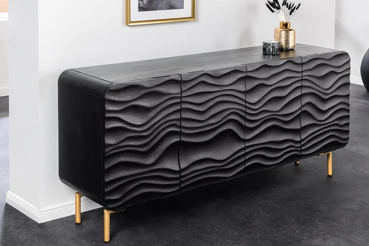 WAVE design sideboard 160cm black matt gold mango solid wood