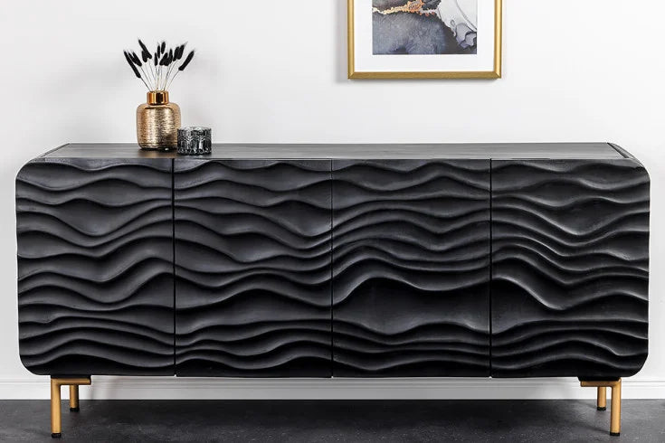 WAVE design sideboard 160cm black matt gold mango solid wood