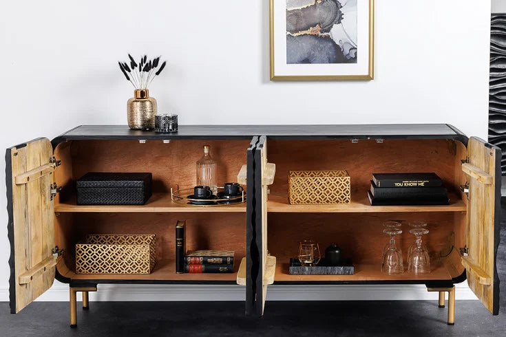 WAVE Design Sideboard 160cm schwarz mattgold Mango Massivholz