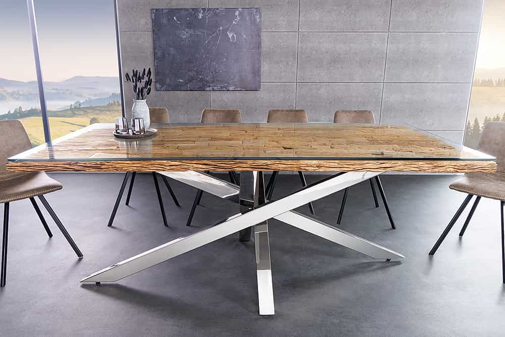 BARRACUDA Massivholz Esstisch 220cm braun Teakholz silber Edelstahl verchromt Glasplatte