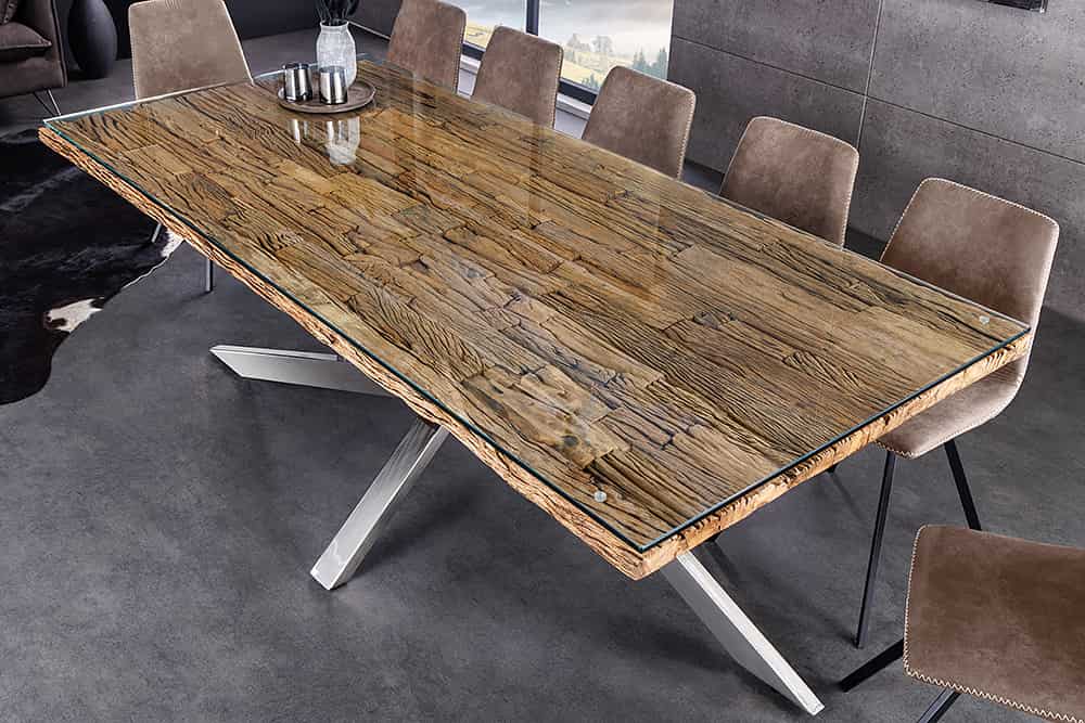 BARRACUDA Massivholz Esstisch 220cm braun Teakholz silber Edelstahl verchromt Glasplatte