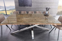 BARRACUDA Massivholz Esstisch 220cm braun Teakholz silber Edelstahl verchromt Glasplatte