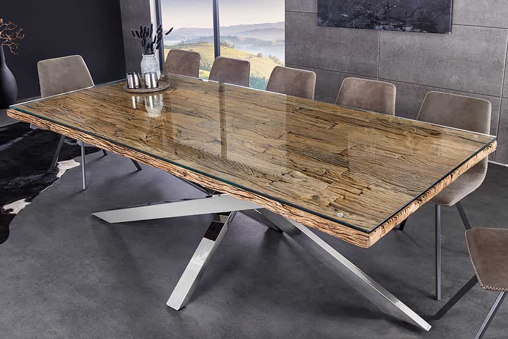 BARRACUDA Massivholz Esstisch 220cm braun Teakholz silber Edelstahl verchromt Glasplatte