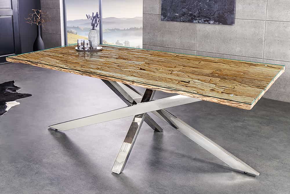 BARRACUDA Massivholz Esstisch 220cm braun Teakholz silber Edelstahl verchromt Glasplatte