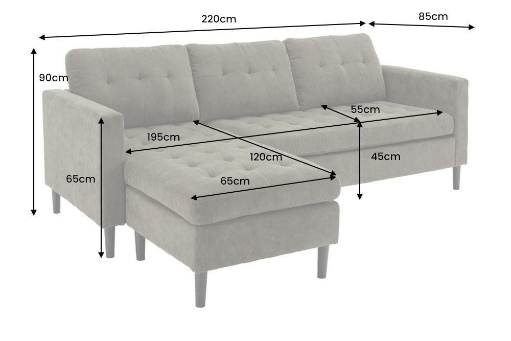 STOCKHOLM Retro Ecksofa 220cm Cord Federkern 3-Sitzer