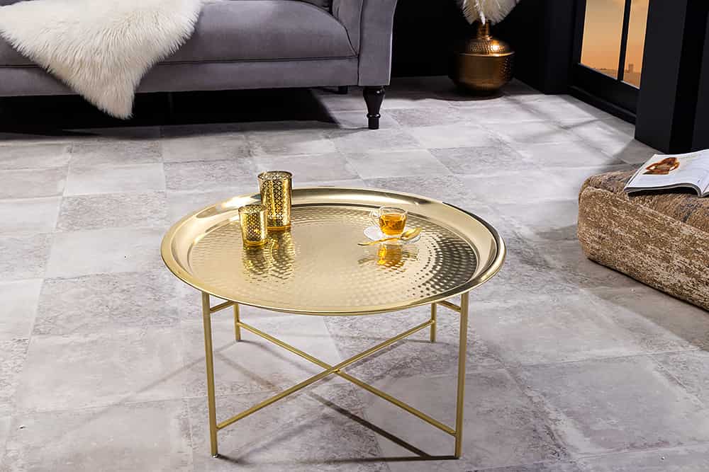 ORIENT Runder Couchtisch 70cm messing gold abnehmbares Tablett klappbar Hammerschlag Design