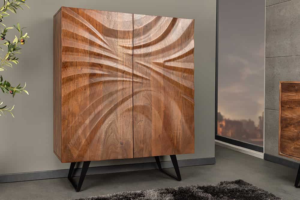 Massivholz Highboard HURRICANE 120cm braun Akazie 3D-Design