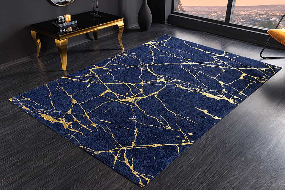 Design Teppich MARBLE 240x160cm königsblau gold Marmor-Optik Flachgewebe