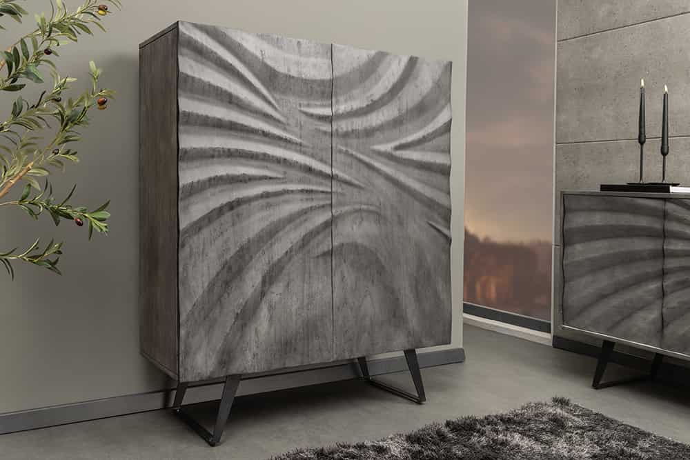 Massivholz Highboard HURRICANE 120cm grau Akazie 3D-Design