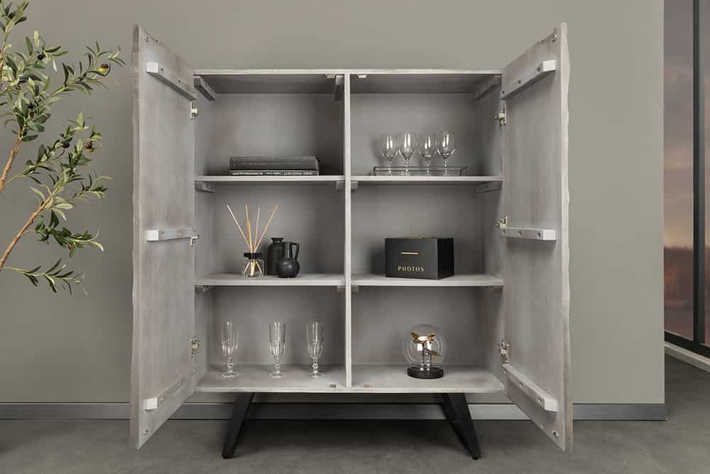 Massivholz Highboard HURRICANE 120cm grau Akazie 3D-Design