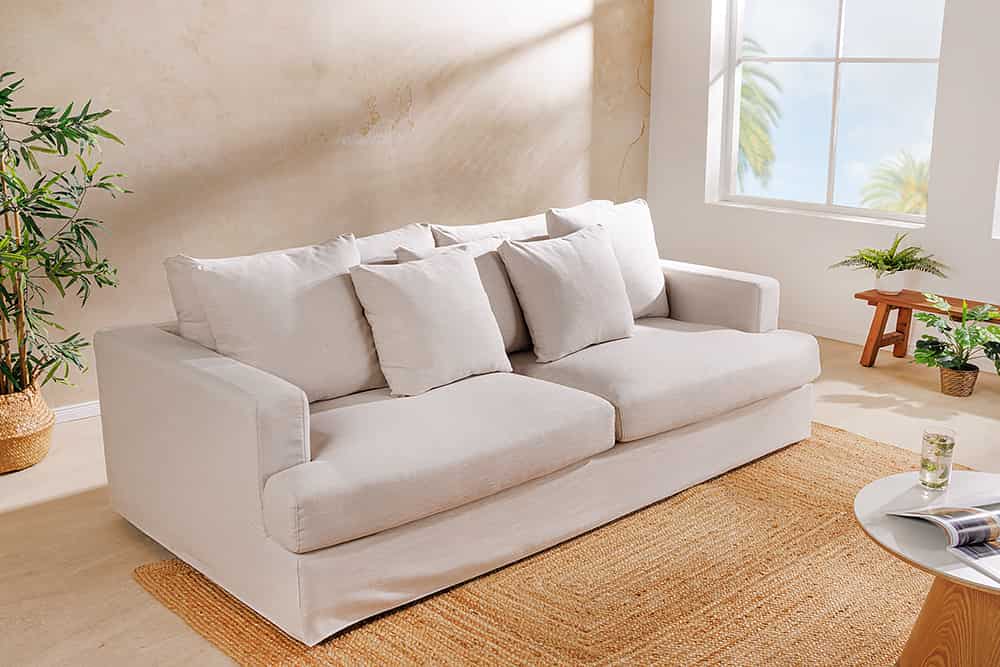 HEAVEN 3-Sitzer Sofa 210cm natur Leinenstoff Gänsefeder-Kissen Federke – Sitheim