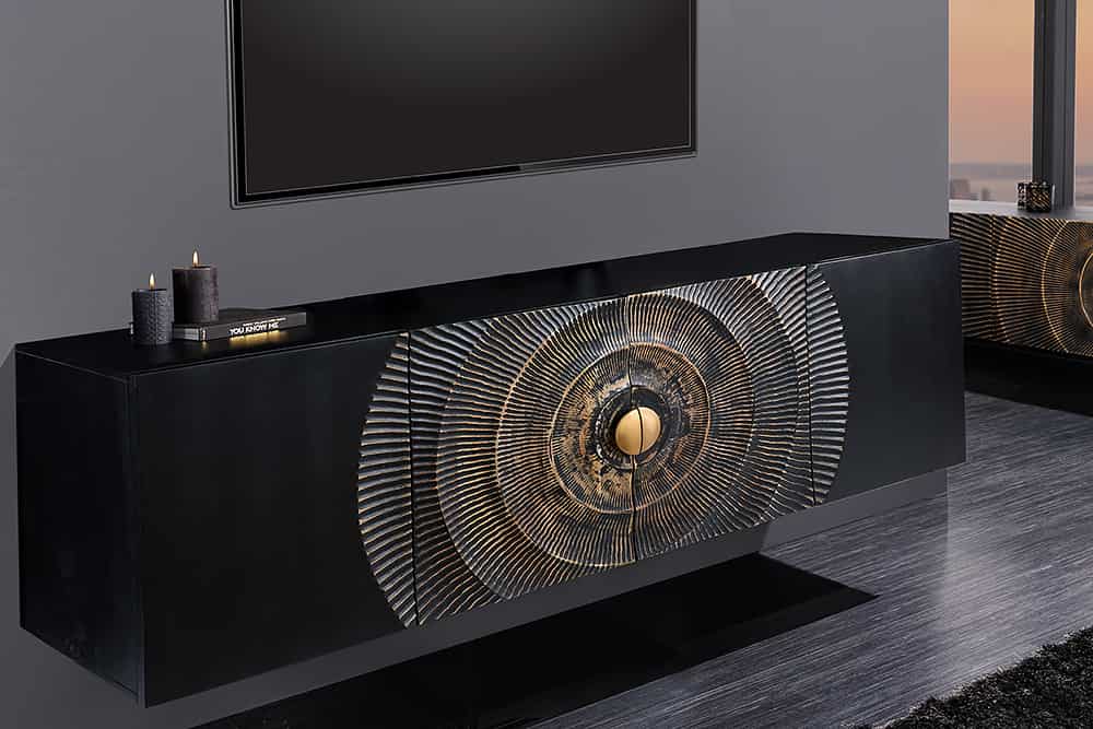 Hängendes Sideboard GOLDEN SUNSET 180cm schwarz mit 3D Schnitzereien gold massiv Mangoholz handmade