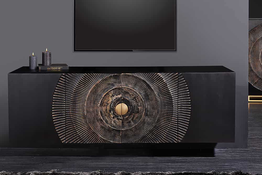 Hängendes Sideboard GOLDEN SUNSET 180cm schwarz mit 3D Schnitzereien gold massiv Mangoholz handmade