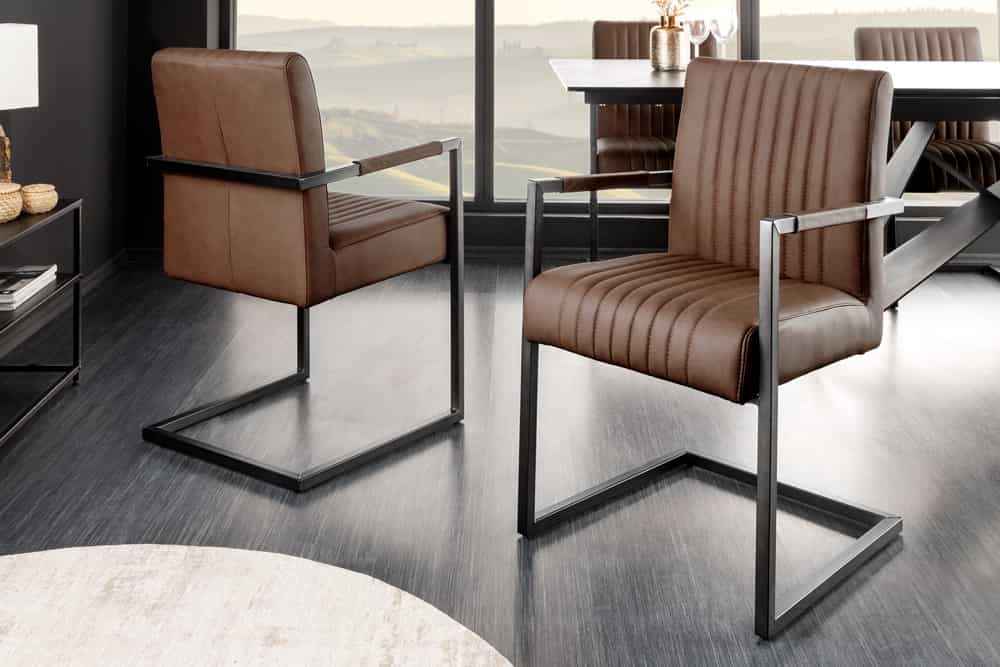 BIG ASTON Moderner Freischwinger Armlehnenstuhl Echtleder Federkern Metall