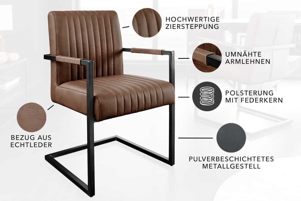 BIG ASTON Moderner Freischwinger Armlehnenstuhl Echtleder Federkern Metall