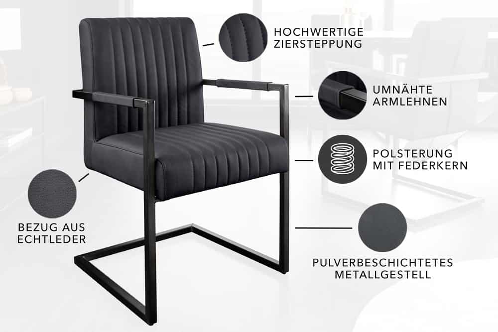 BIG ASTON Moderner Freischwinger Armlehnenstuhl Echtleder Federkern Metall
