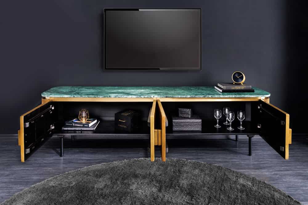 VENEZIANO Design TV-Board 160cm messing grün Marmorplatte Mangoholz Retro