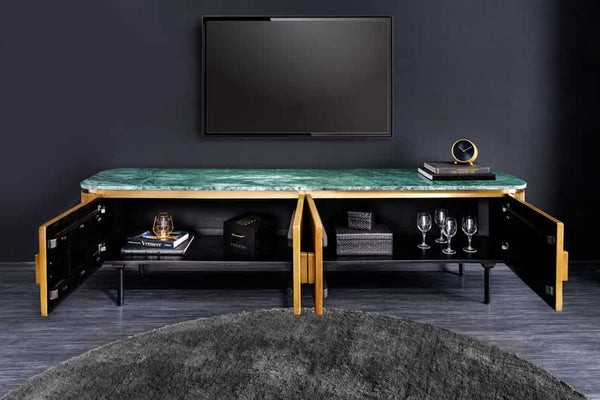 VENEZIANO Design TV-Board 160cm messing grün Marmorplatte Mangoholz Retro