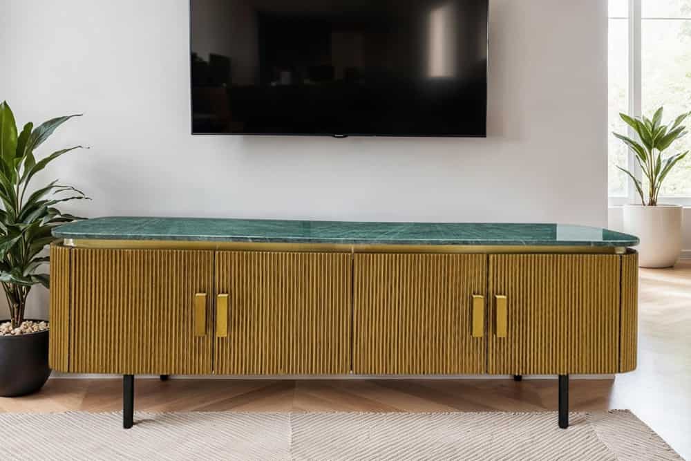 VENEZIANO Design TV-Board 160cm messing grün Marmorplatte Mangoholz Retro