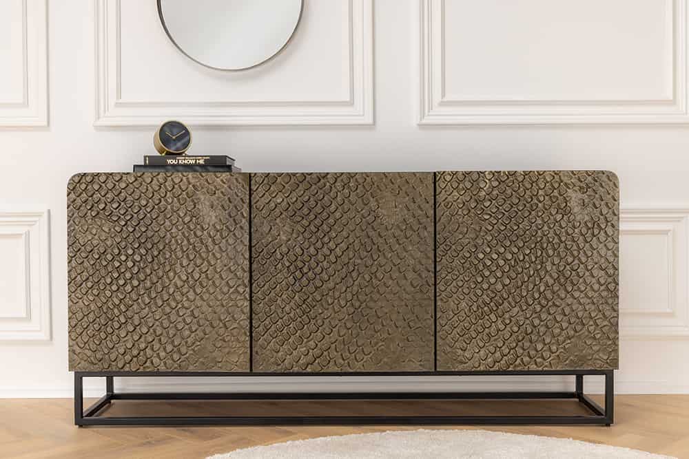 Massives Sideboard SNAKE 160cm braun Mangoholz mit 3D Schnitzereien schwarz Schlangen-Design