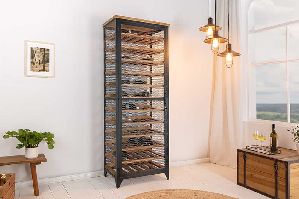 BODEGA Design Weinschrank 185cm natur schwarz Tannenholz Metall Flaschenregal