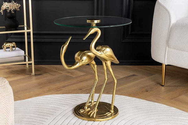 Runder Beistelltisch WILDLIFE CRANE 55cm gold Glas Kranich-Skulptur handmade