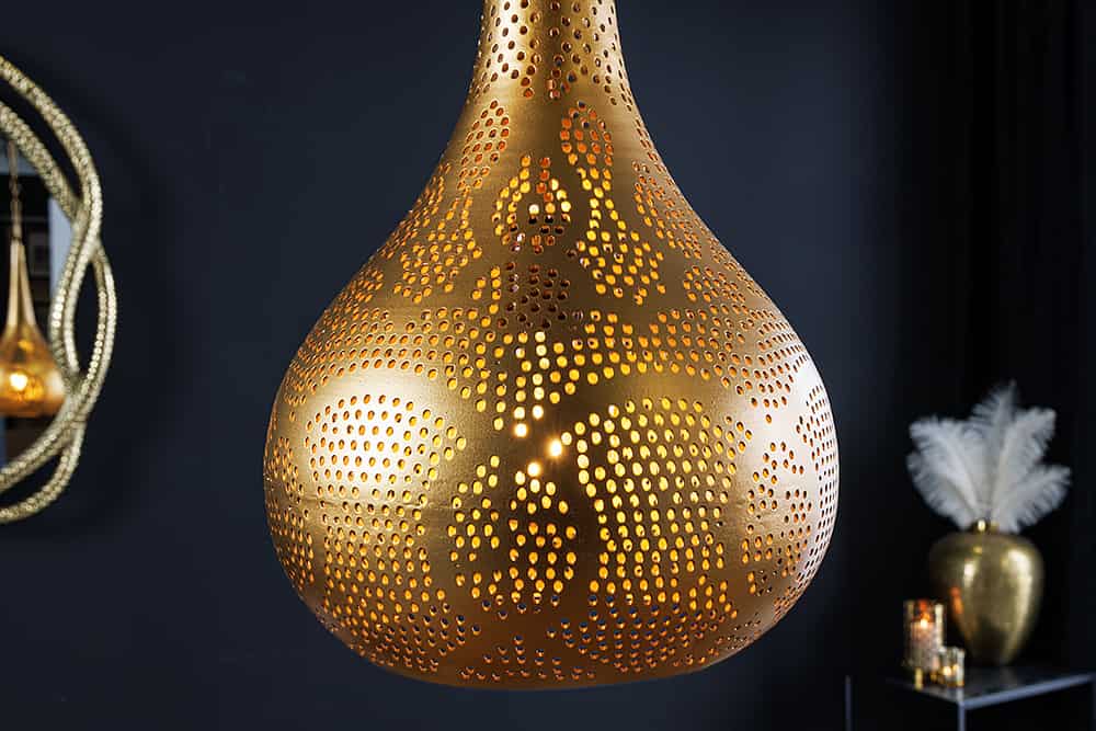ORIENT LIVING Handgefertigte Hängelampe 50cm gold Eisen Tropfenform