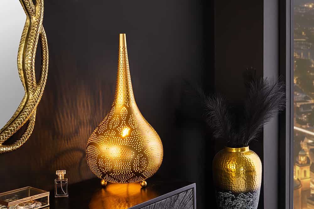 ORIENT LIVING Handgefertigte Stehlampe 50cm gold Eisen Tropfenform