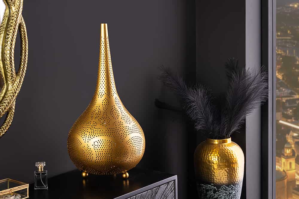 ORIENT LIVING Handgefertigte Stehlampe 50cm gold Eisen Tropfenform
