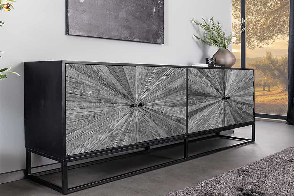 Massives Sideboard BARRACUDA 180cm Mangoholz mit Teakholz-Front schwarz Metall