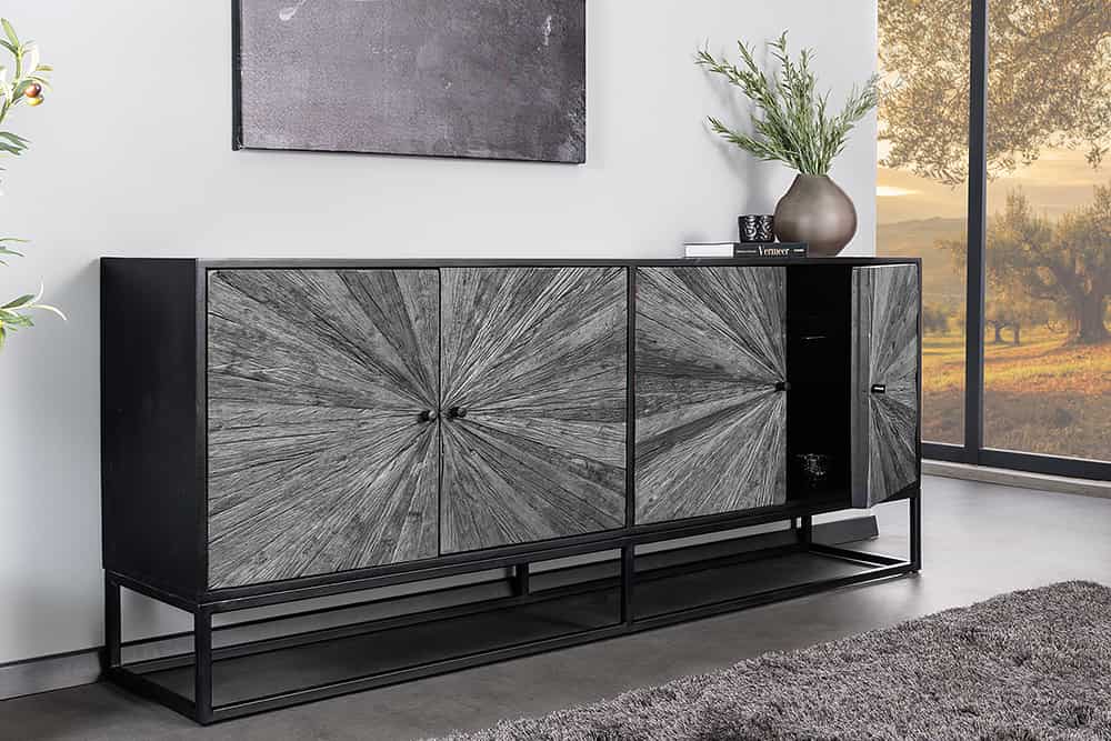 Massives Sideboard BARRACUDA 180cm Mangoholz mit Teakholz-Front schwarz Metall