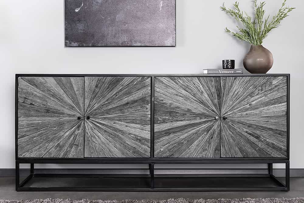 Massives Sideboard BARRACUDA 180cm Mangoholz mit Teakholz-Front schwarz Metall