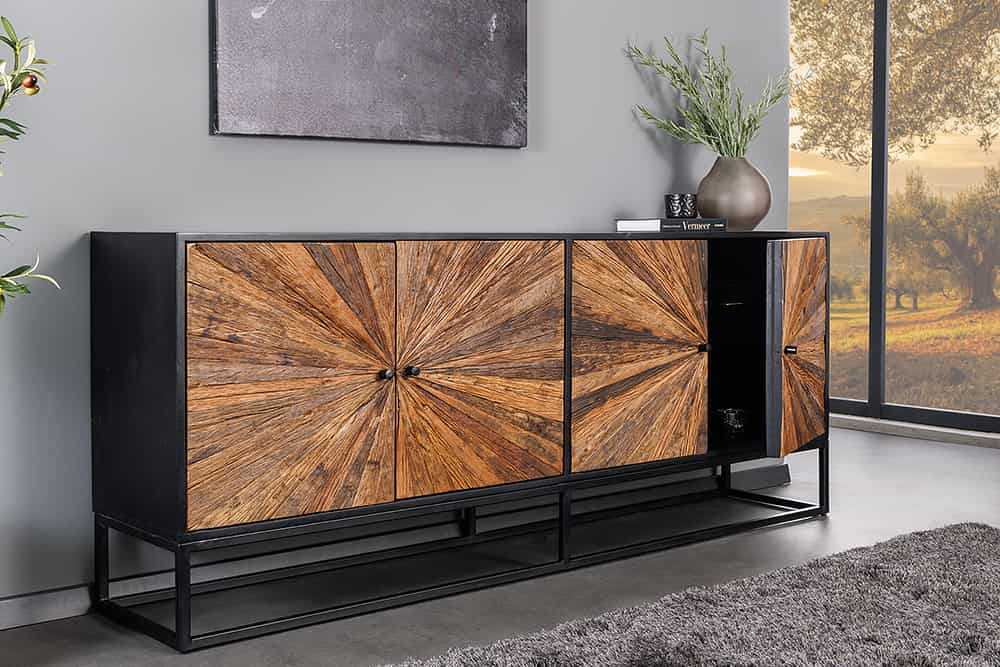 Massives Sideboard BARRACUDA 180cm Mangoholz mit Teakholz-Front schwarz Metall