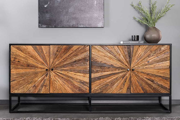 Massives Sideboard BARRACUDA 180cm Mangoholz mit Teakholz-Front schwarz Metall