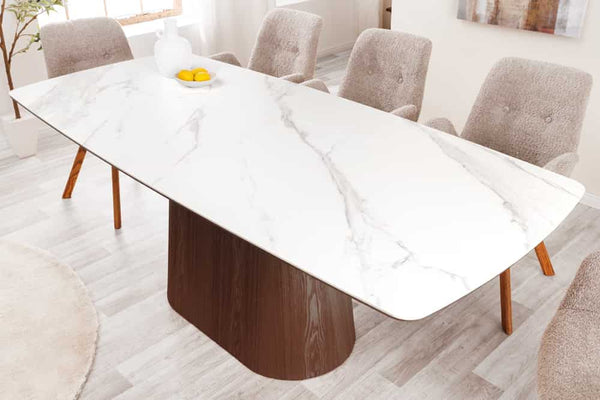 UNIQUE Design Esstisch 200cm weiß Walnuss Keramik Marmor Säulenfuß