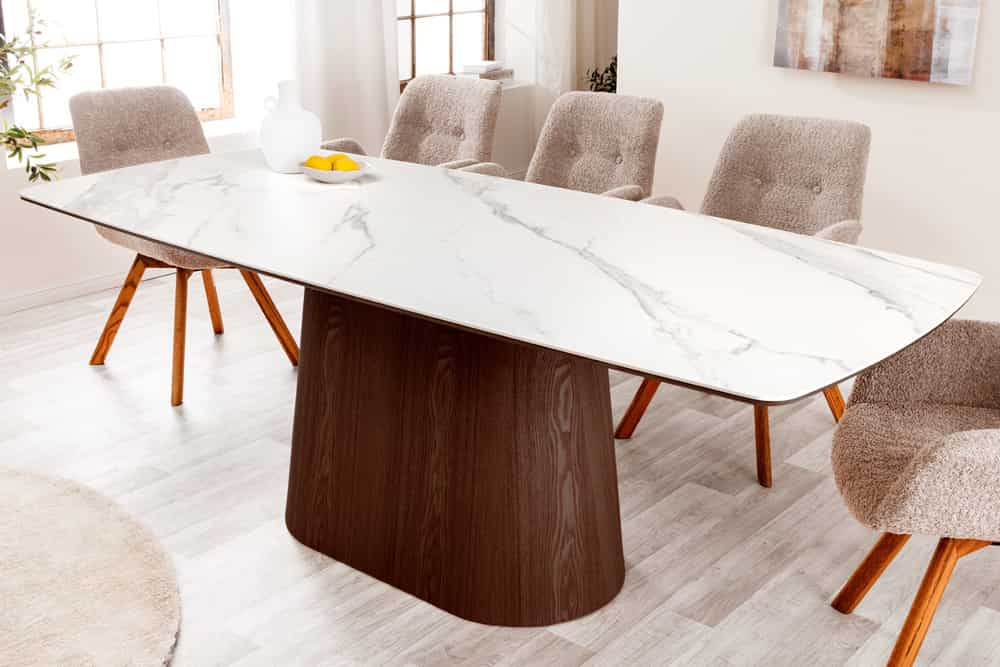 UNIQUE Design Esstisch 200cm weiß Walnuss Keramik Marmor Säulenfuß