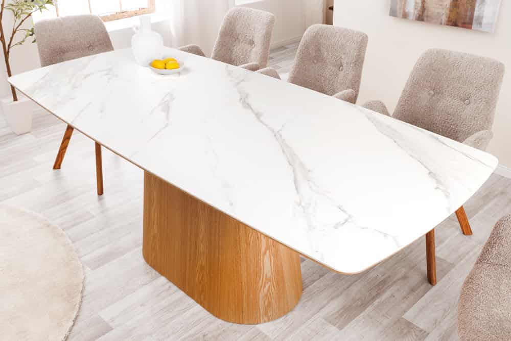 Design Esstisch UNIQUE 200cm weiß Eiche Keramik Marmor Säulenfuß