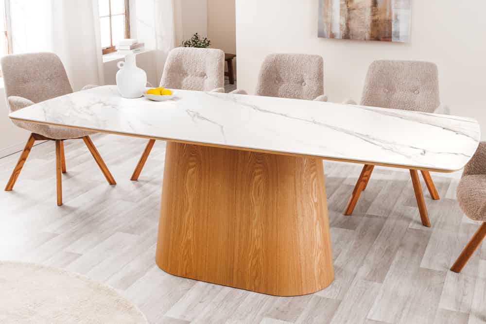 Design Esstisch UNIQUE 200cm weiß Eiche Keramik Marmor Säulenfuß